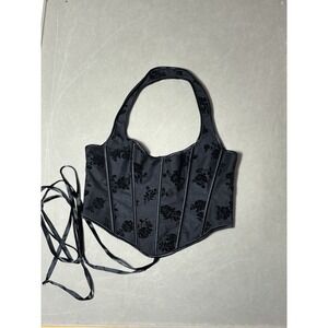 Black Floral Corset Halter Top Lace Up Bustier Goth Coquette Size L